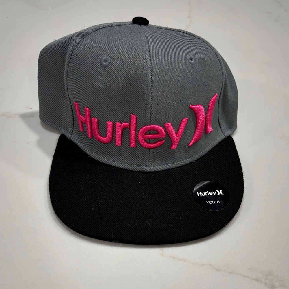 Hurley Charcoal and Black Hat with Vibrant Pink Logo- Youth